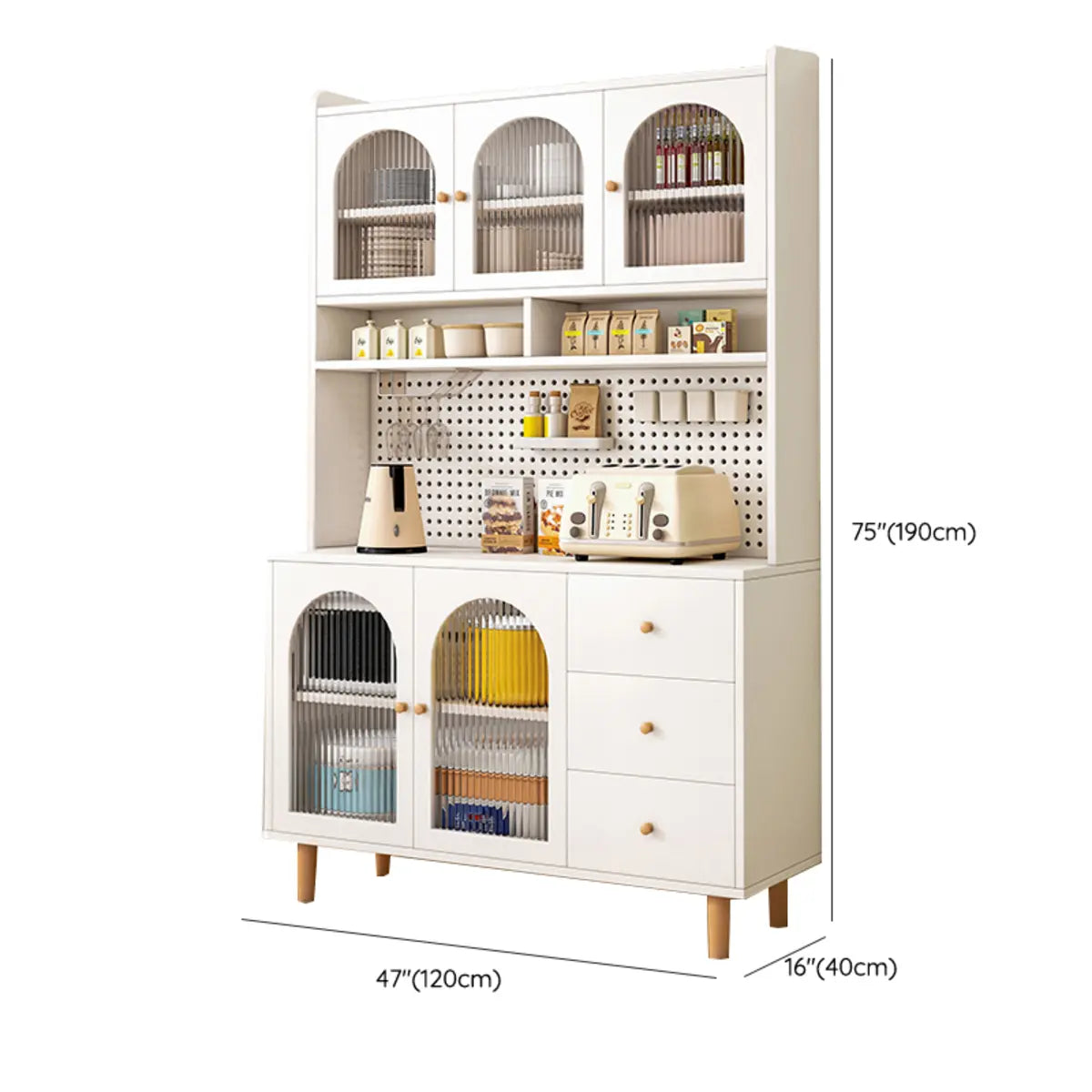 White Wood Arched Ribbed Glass Storage China Cabinet Image - 37