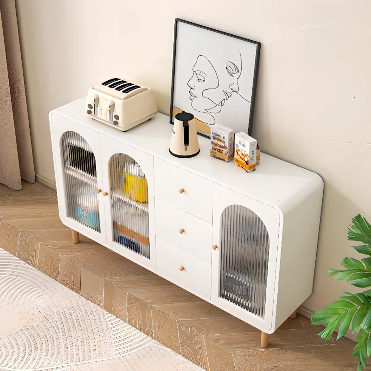 White Wood Arched Ribbed Glass Storage China Cabinet Image - 4