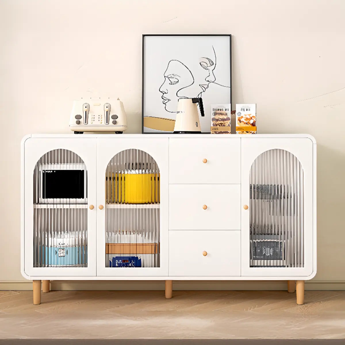 White Wood Arched Ribbed Glass Storage China Cabinet Image - 5