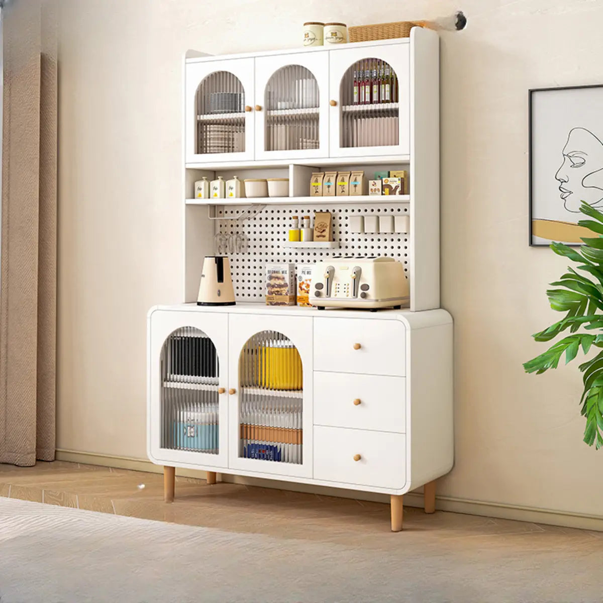 White Wood Arched Ribbed Glass Storage China Cabinet Image - 6