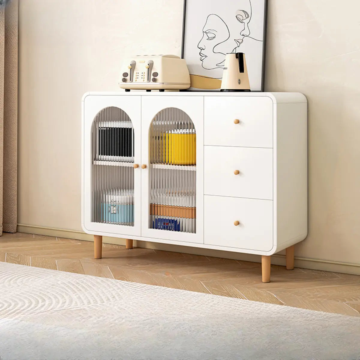 White Wood Arched Ribbed Glass Storage China Cabinet Image - 7