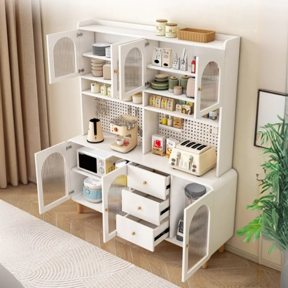 White Wood Arched Ribbed Glass Storage China Cabinet Image - 8