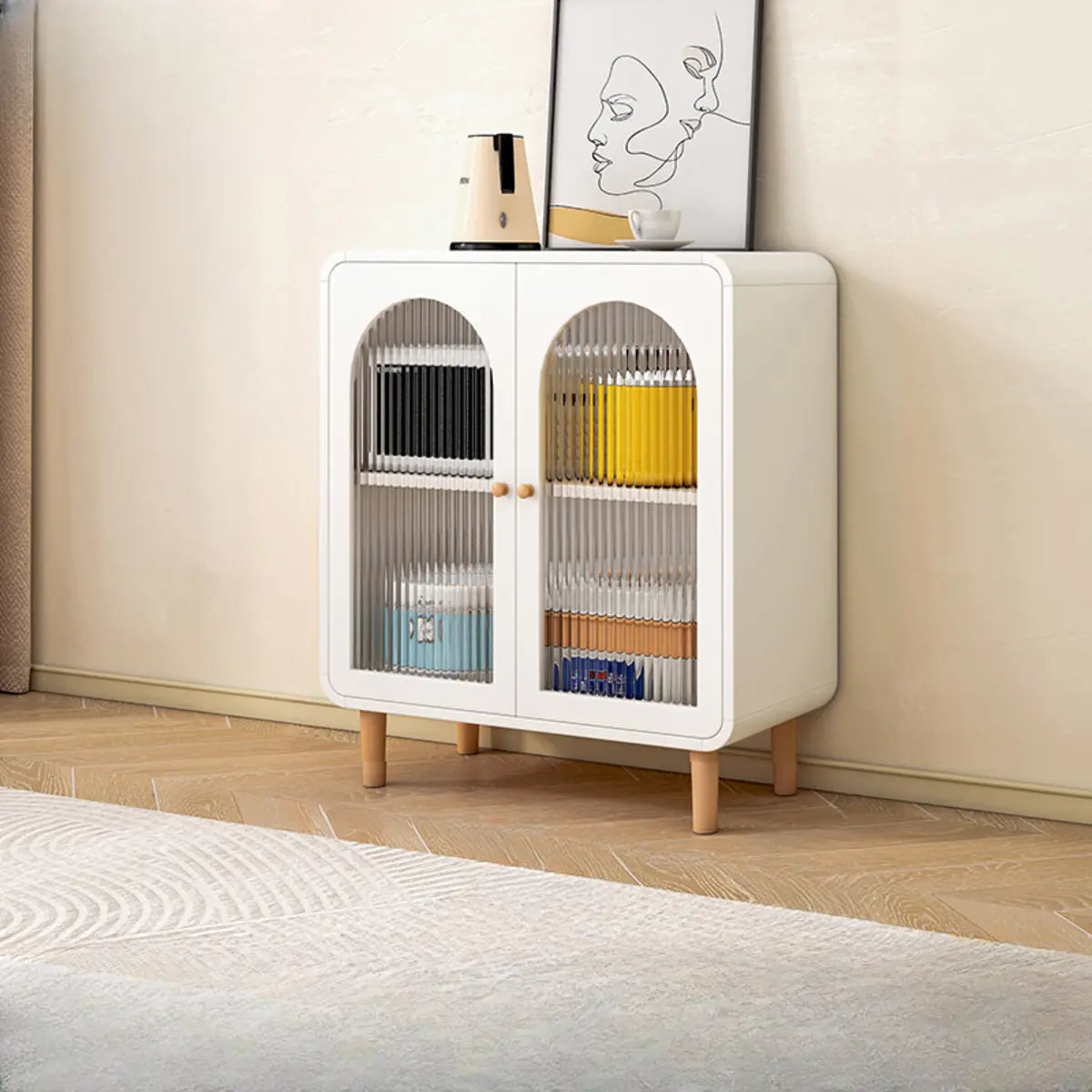 White Wood Arched Ribbed Glass Storage China Cabinet Image - 9