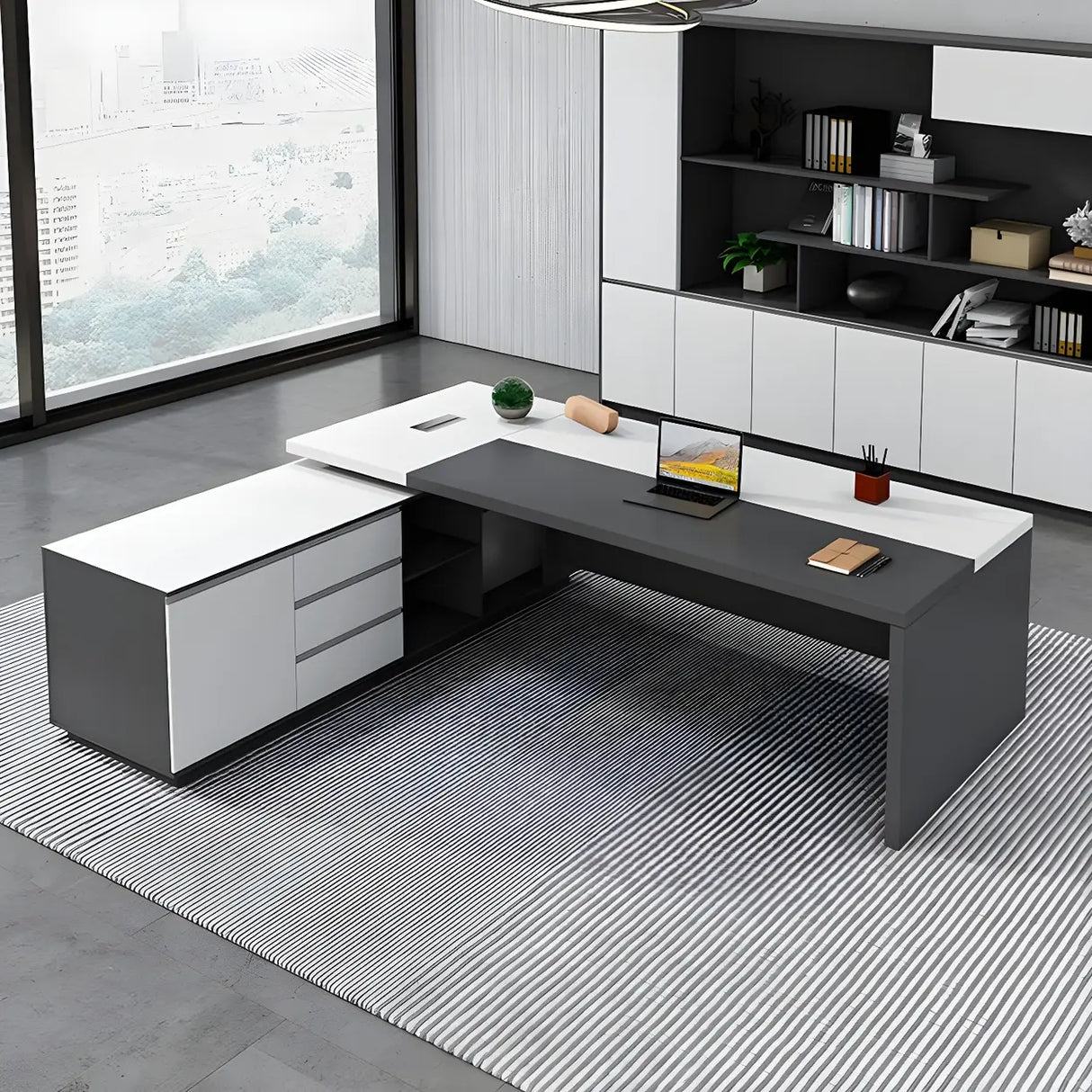 White Wood Cable Management L-Shaped Executive Desk Image - 3