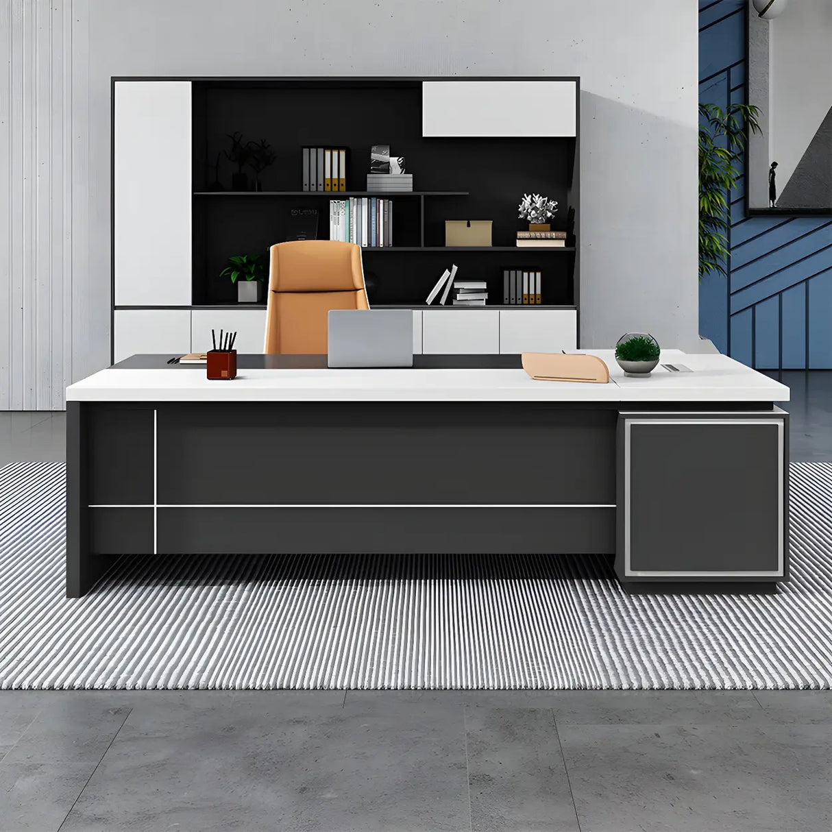 White Wood Cable Management L-Shaped Executive Desk Image - 4