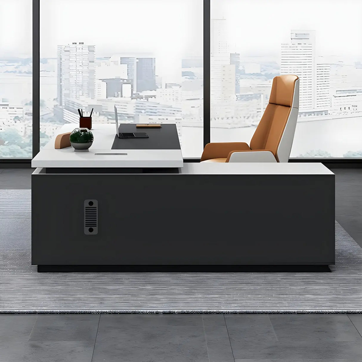 White Wood Cable Management L-Shaped Executive Desk Image - 5