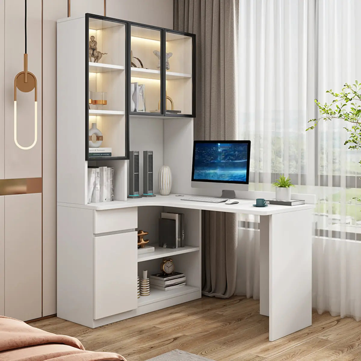 White Wood Drawers Exterior Shelf Hutch Computer Desk Image - 1