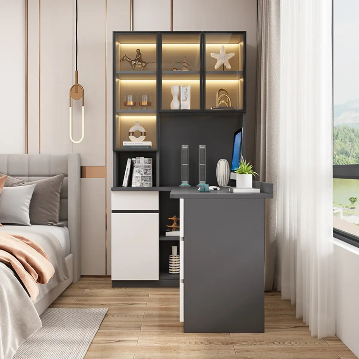 White Wood Drawers Exterior Shelf Hutch Computer Desk Image - 2