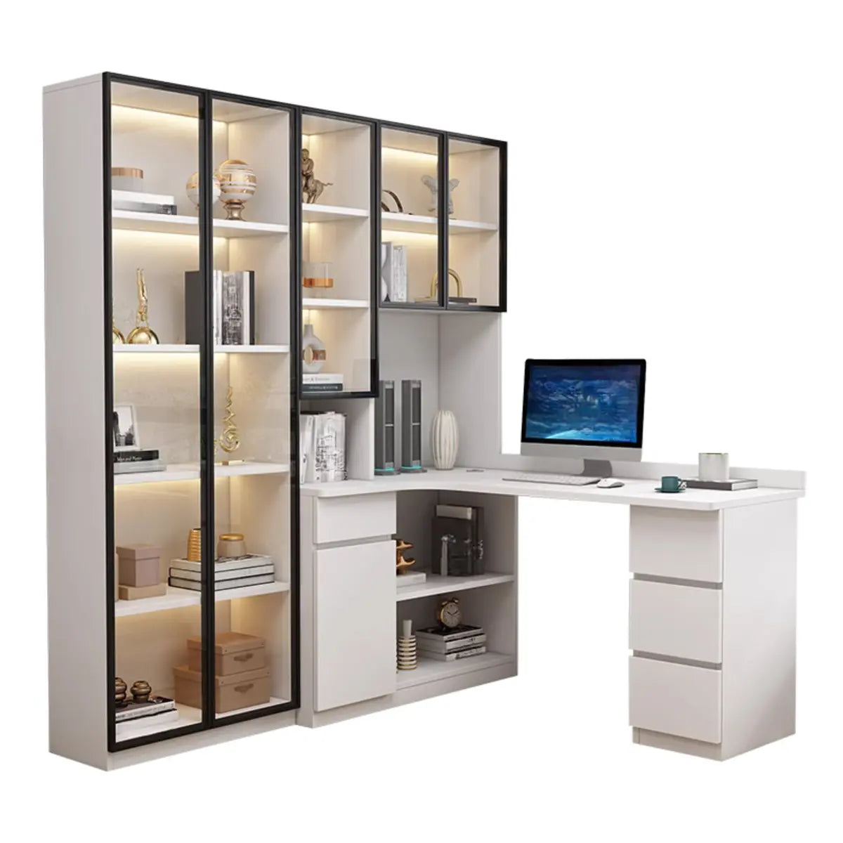 White Wood Drawers Exterior Shelf Hutch Computer Desk Image - 3