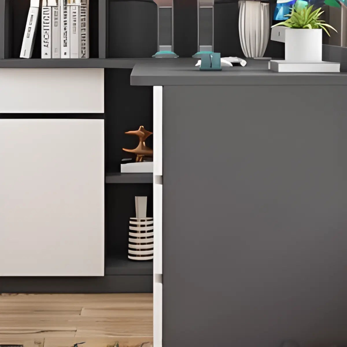 White Wood Drawers Exterior Shelf Hutch Computer Desk Image - 4