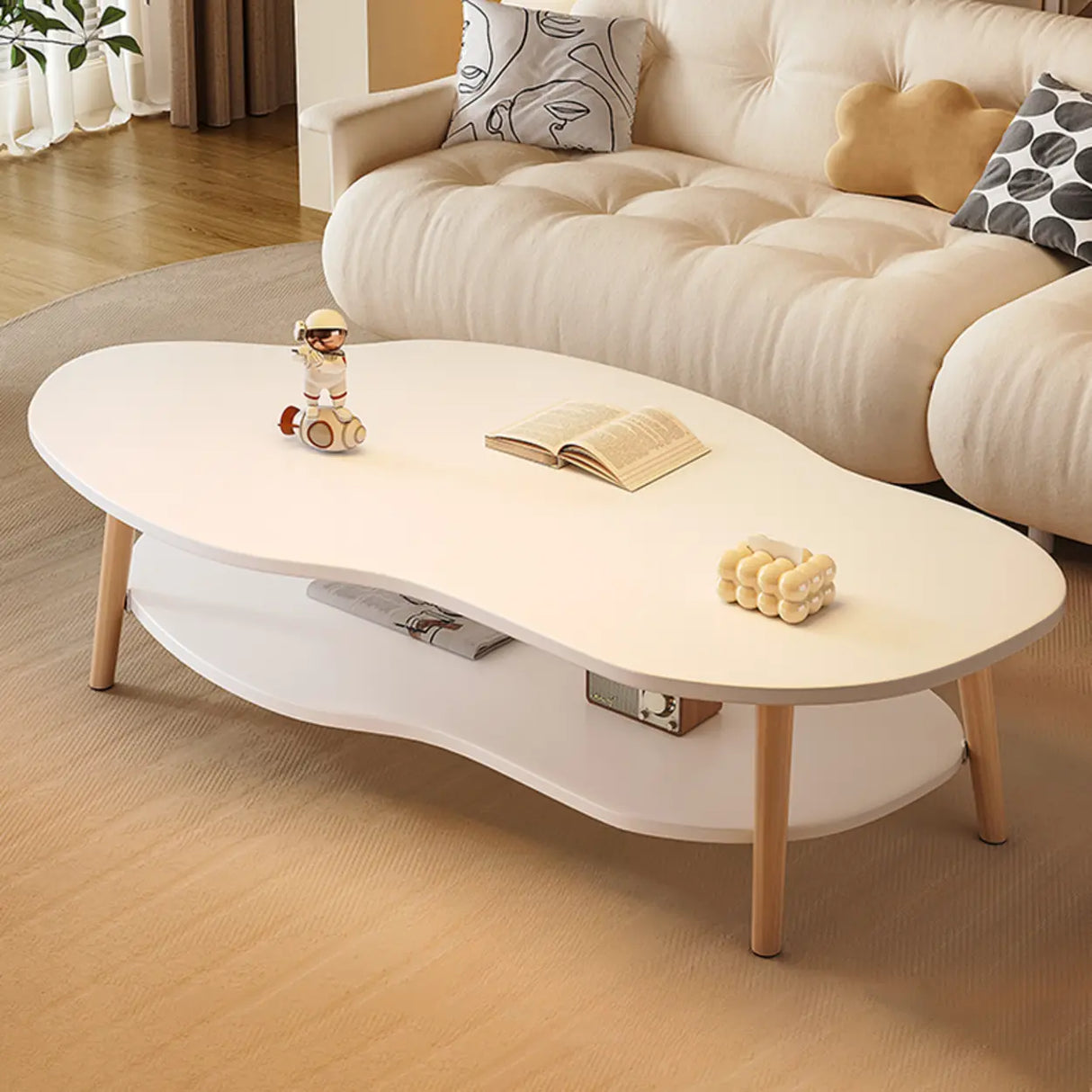 White Wood Free Form Shelf Coffee Table with Four Legs Image - 1