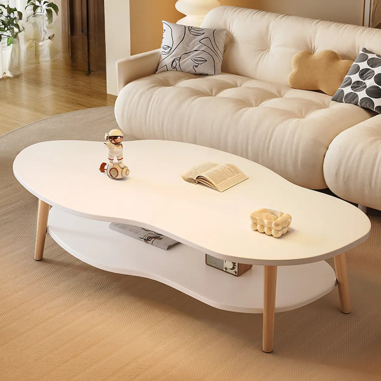 White Wood Free Form Shelf Coffee Table with Four Legs Image - 2