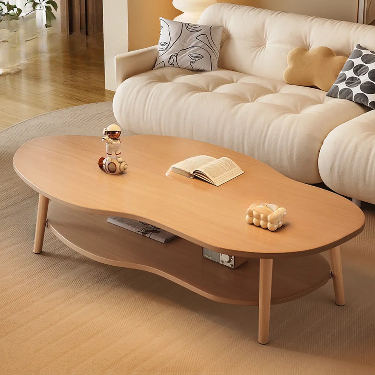 White Wood Free Form Shelf Coffee Table with Four Legs Image - 3