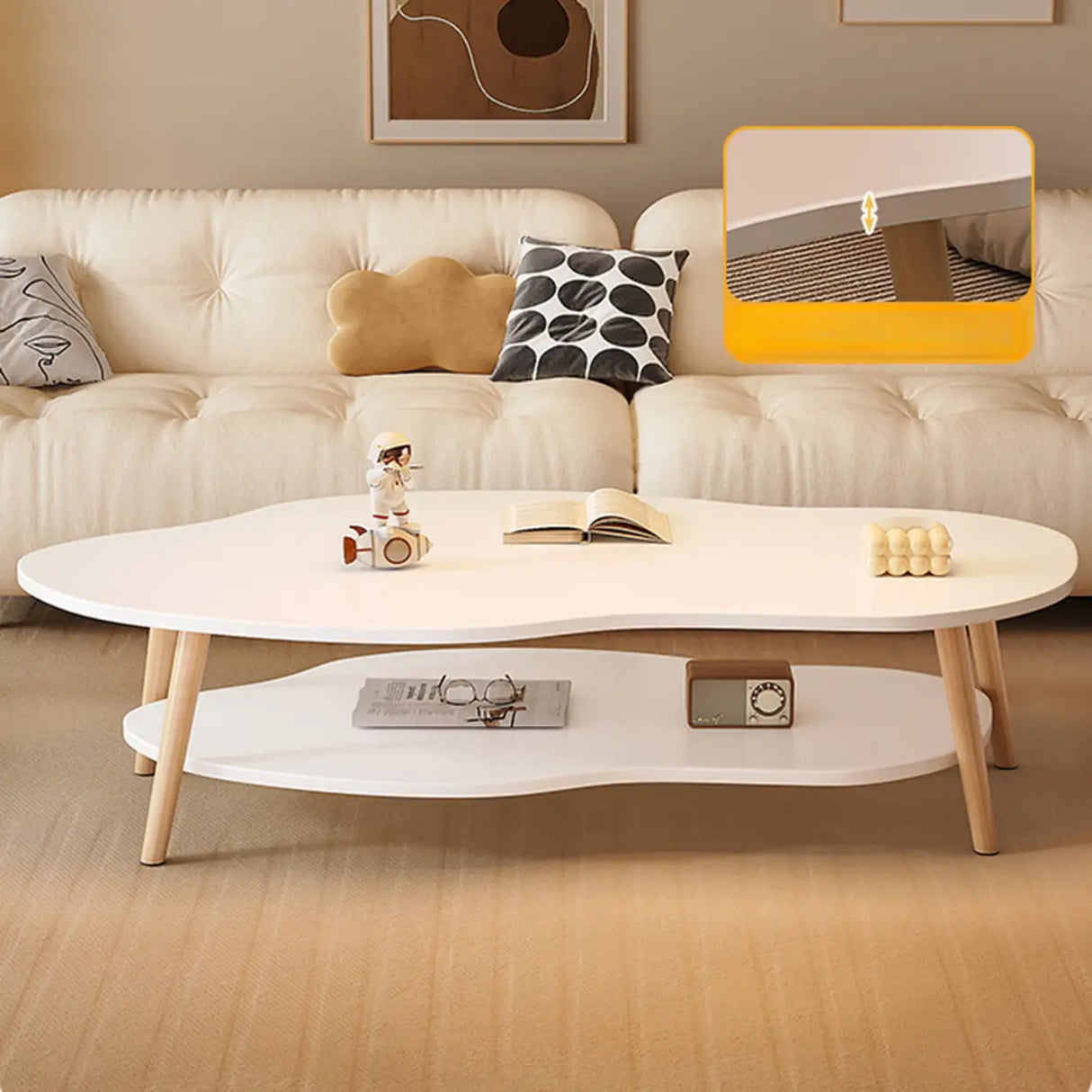 White Wood Free Form Shelf Coffee Table with Four Legs Image - 4