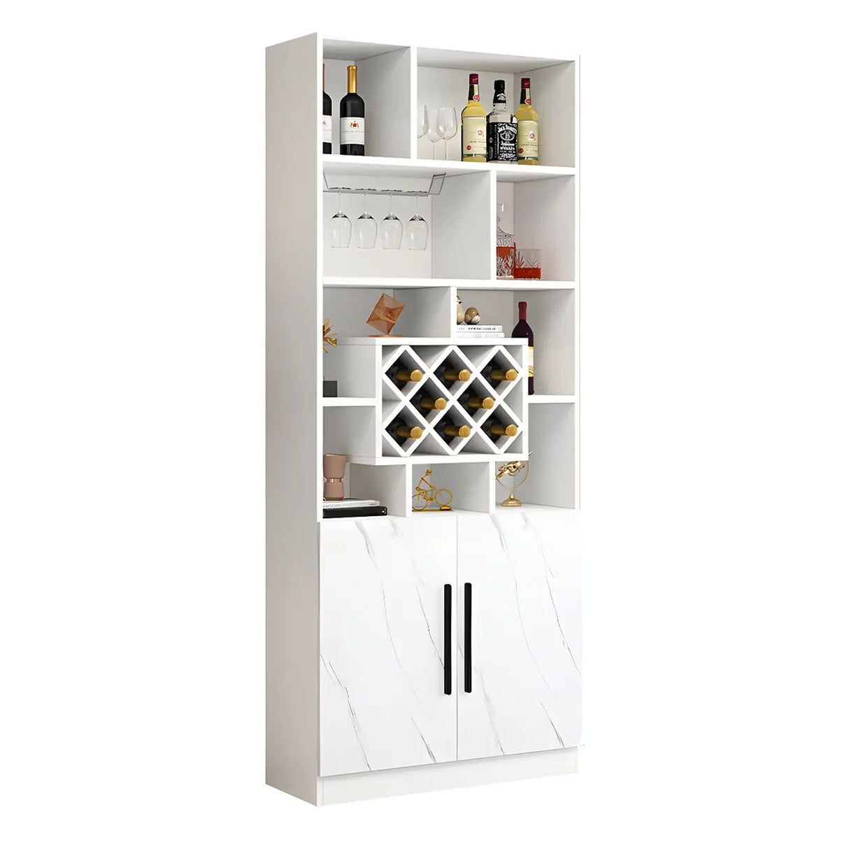 White Wood Freestanding Tall Stemware Rack Wine Cabinet Image - 11
