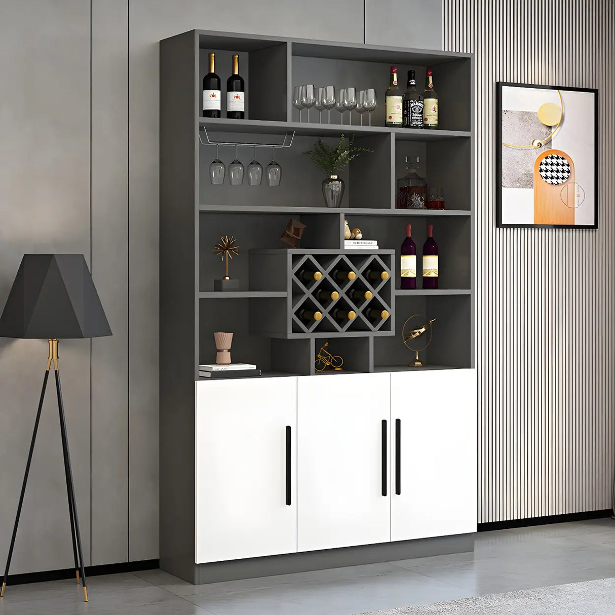 White Wood Freestanding Tall Stemware Rack Wine Cabinet Image - 13