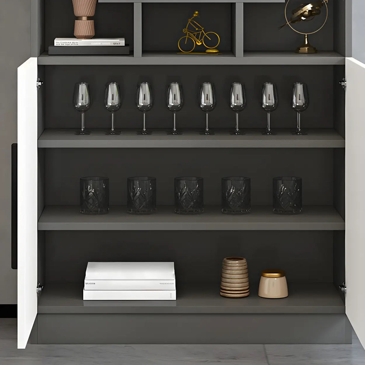 White Wood Freestanding Tall Stemware Rack Wine Cabinet Image - 14