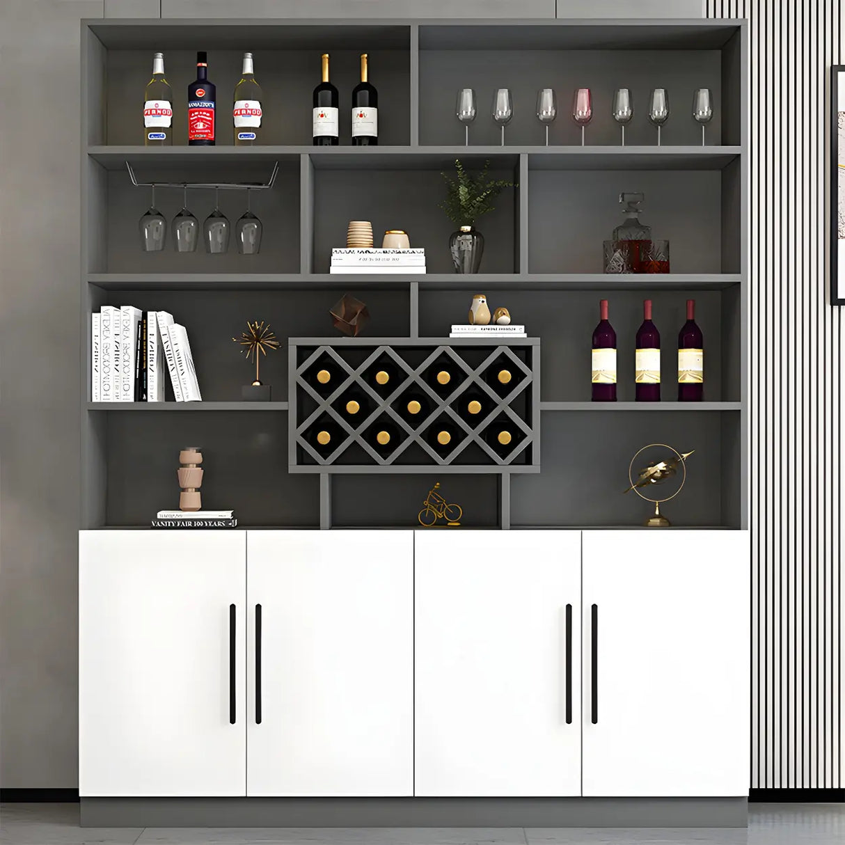 White Wood Freestanding Tall Stemware Rack Wine Cabinet Image - 20
