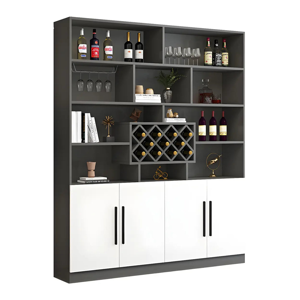 White Wood Freestanding Tall Stemware Rack Wine Cabinet Image - 22