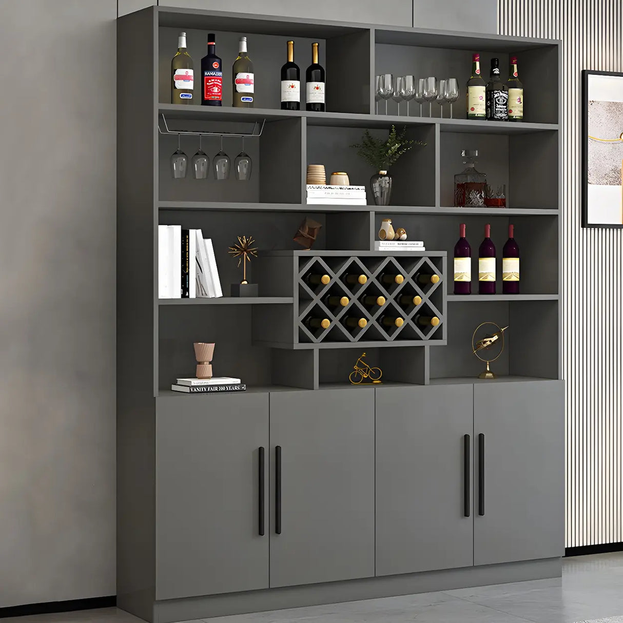 White Wood Freestanding Tall Stemware Rack Wine Cabinet Image - 4