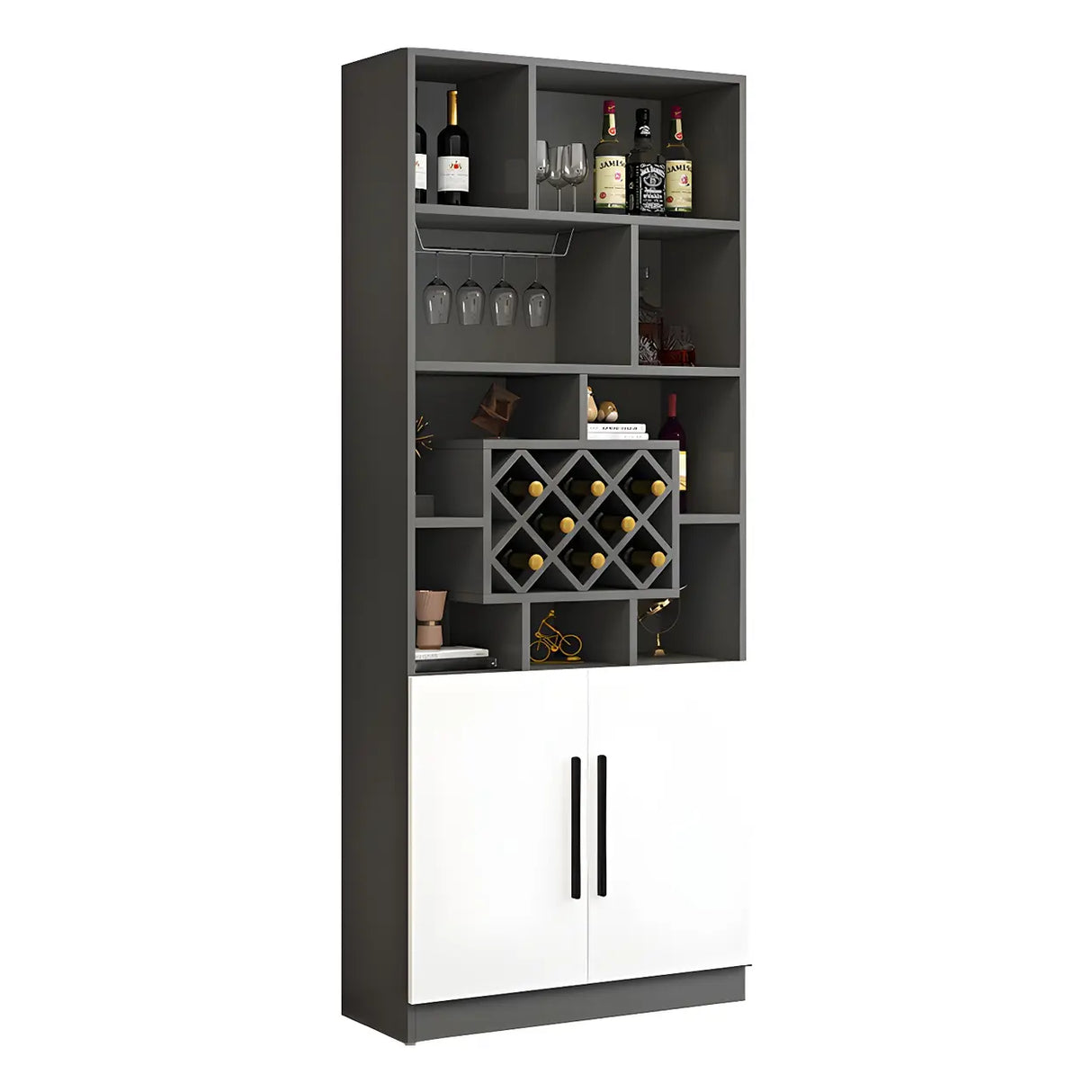 White Wood Freestanding Tall Stemware Rack Wine Cabinet Image - 5