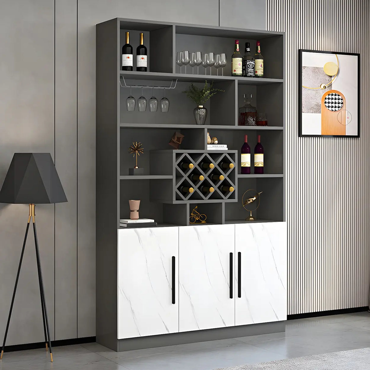White Wood Freestanding Tall Stemware Rack Wine Cabinet Image - 6