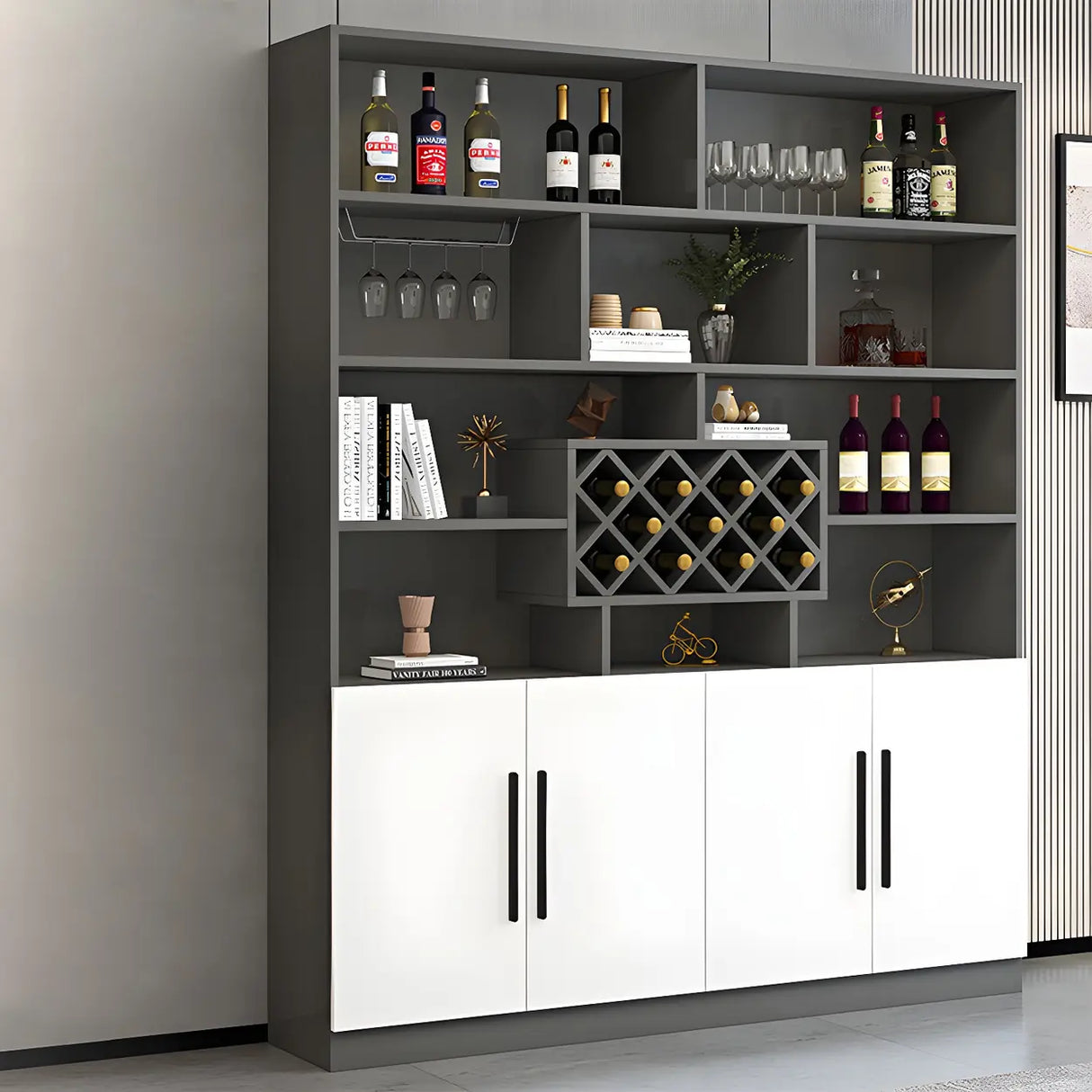 White Wood Freestanding Tall Stemware Rack Wine Cabinet Image - 7