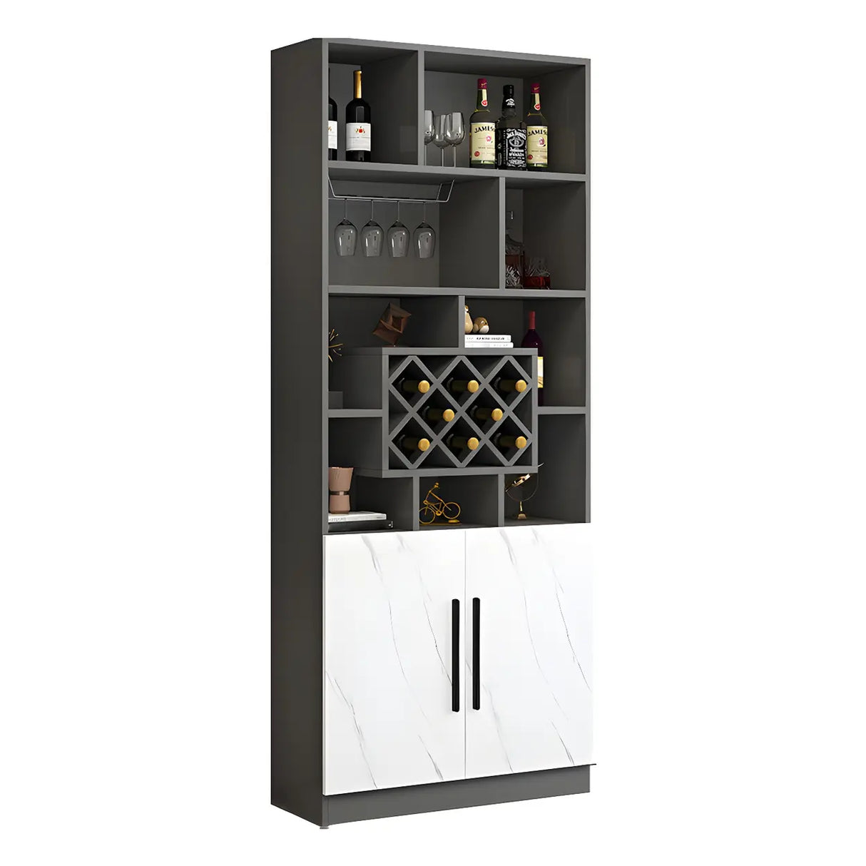 White Wood Freestanding Tall Stemware Rack Wine Cabinet Image - 8