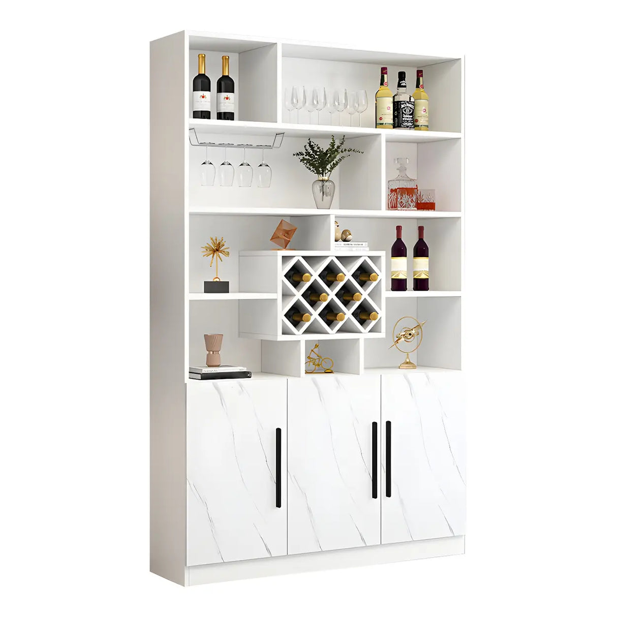 White Wood Freestanding Tall Stemware Rack Wine Cabinet Image - 9
