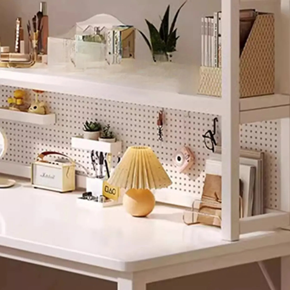 White Wood H-Base Exterior Shelf L-Shape Writing Desk Image - 10