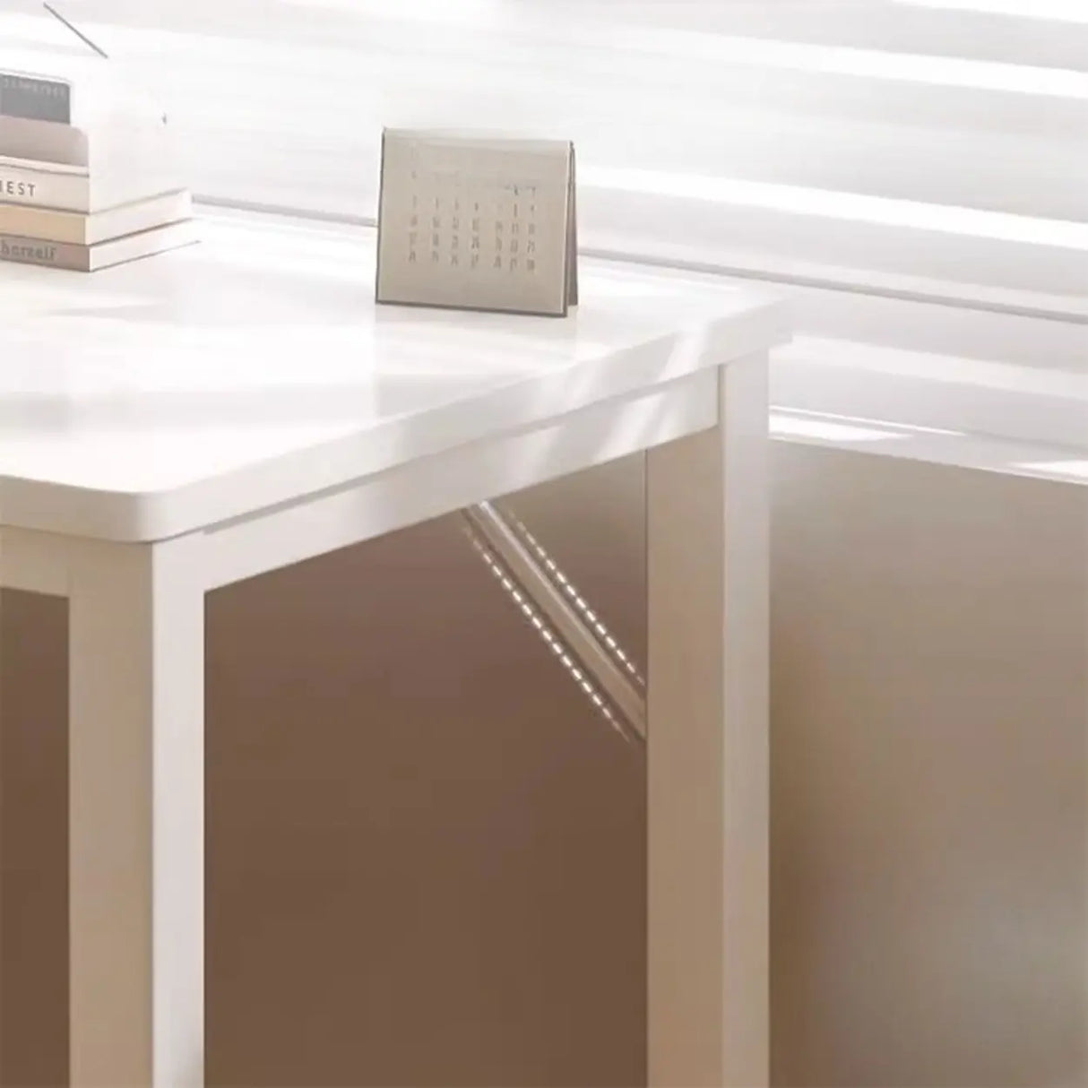 White Wood H-Base Exterior Shelf L-Shape Writing Desk Image - 12