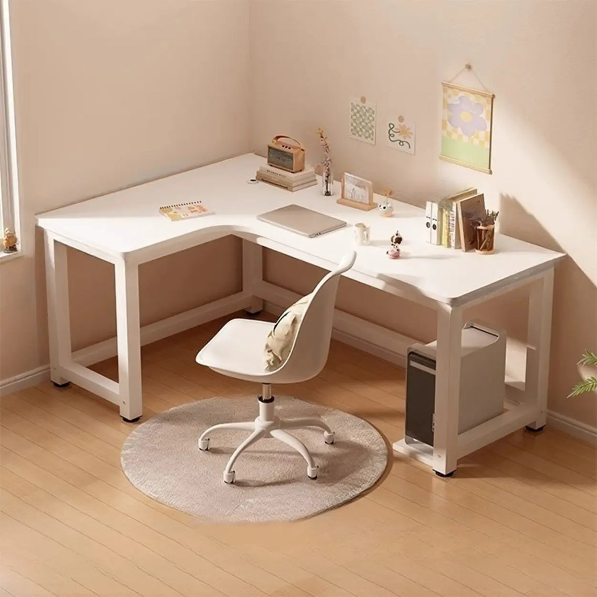 White Wood H-Base Exterior Shelf L-Shape Writing Desk Image - 2