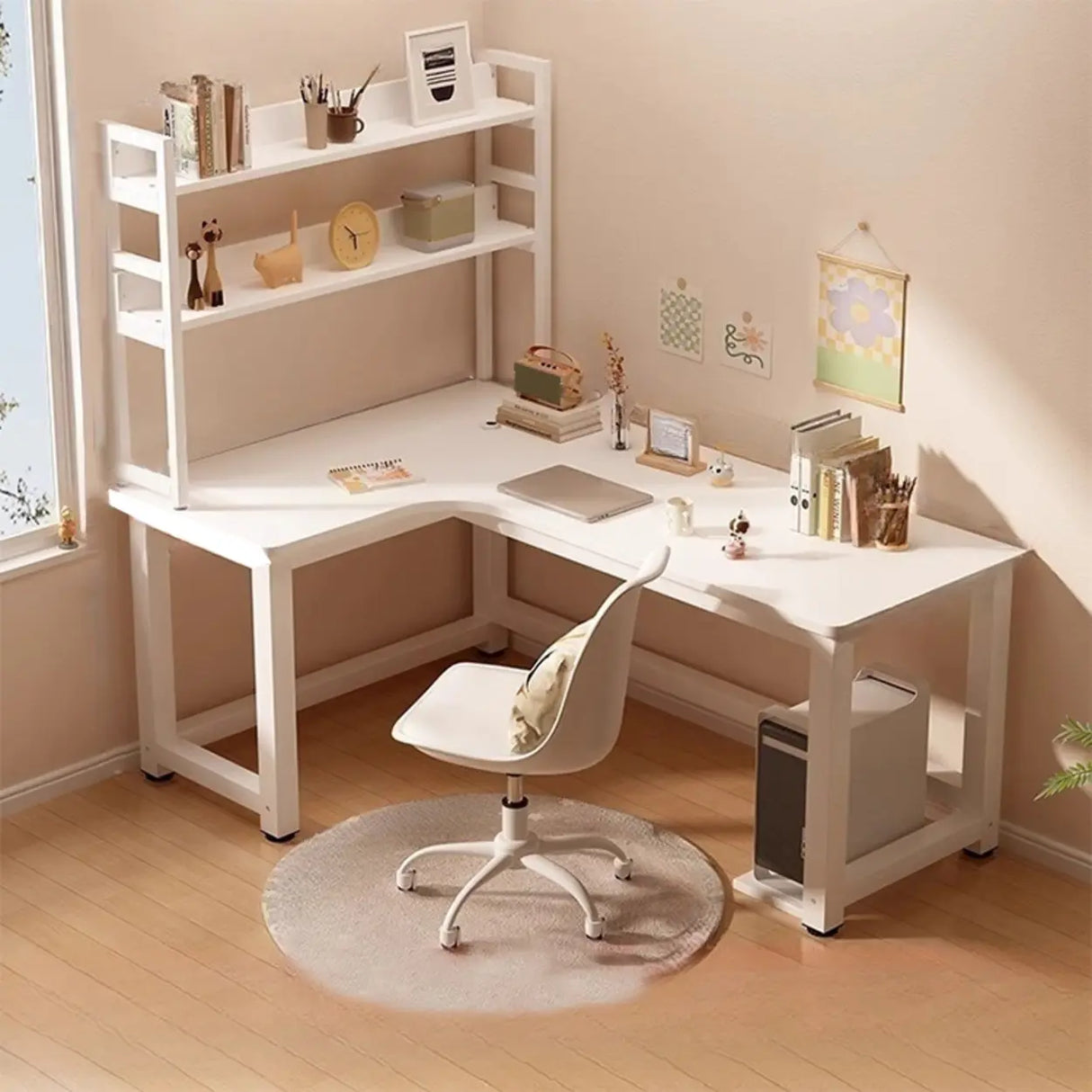 White Wood H-Base Exterior Shelf L-Shape Writing Desk Image - 3