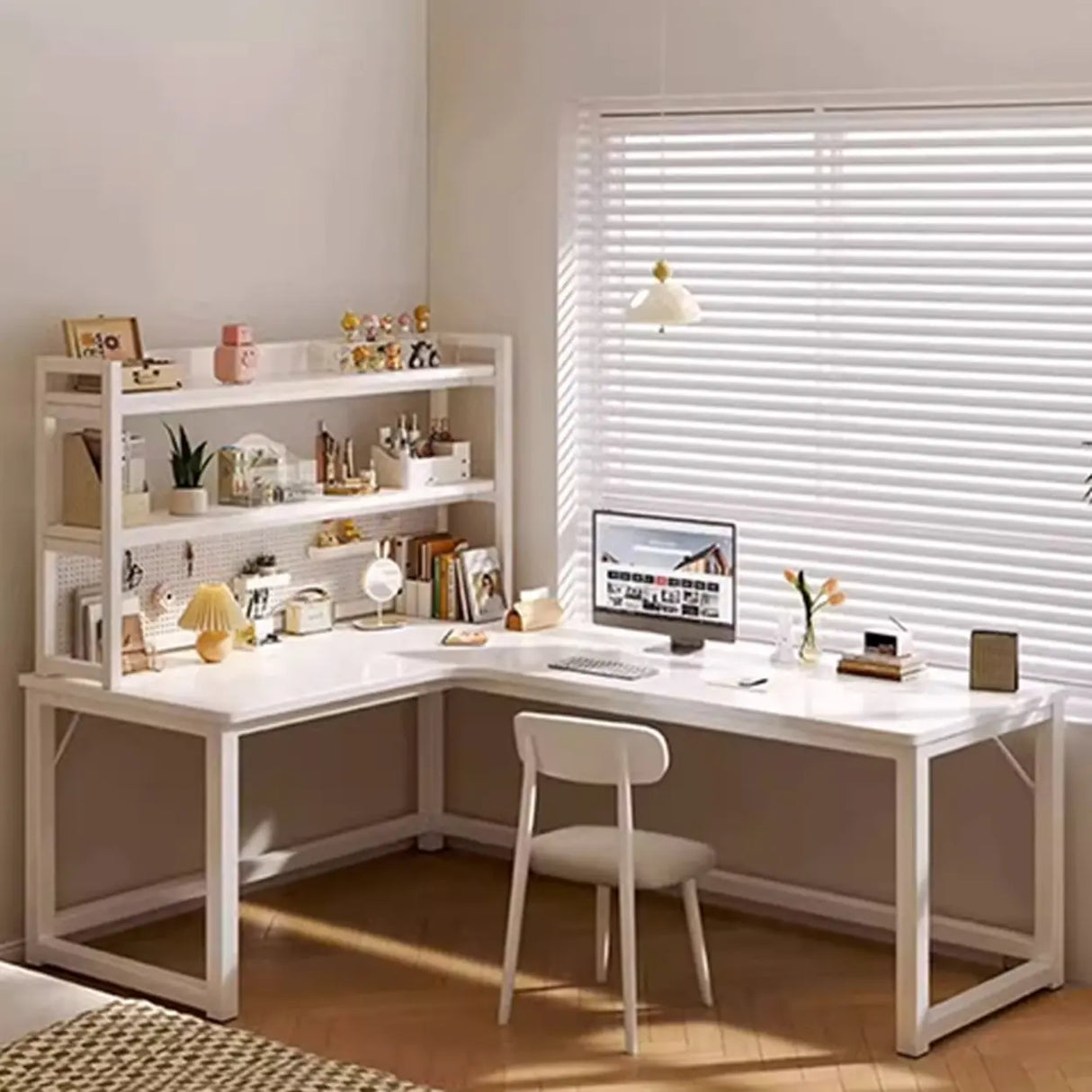 White Wood H-Base Exterior Shelf L-Shape Writing Desk Image - 4