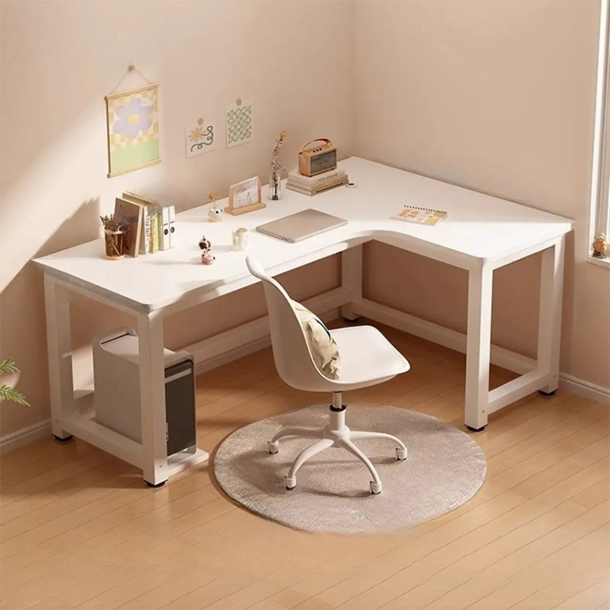 White Wood H-Base Exterior Shelf L-Shape Writing Desk Image - 5