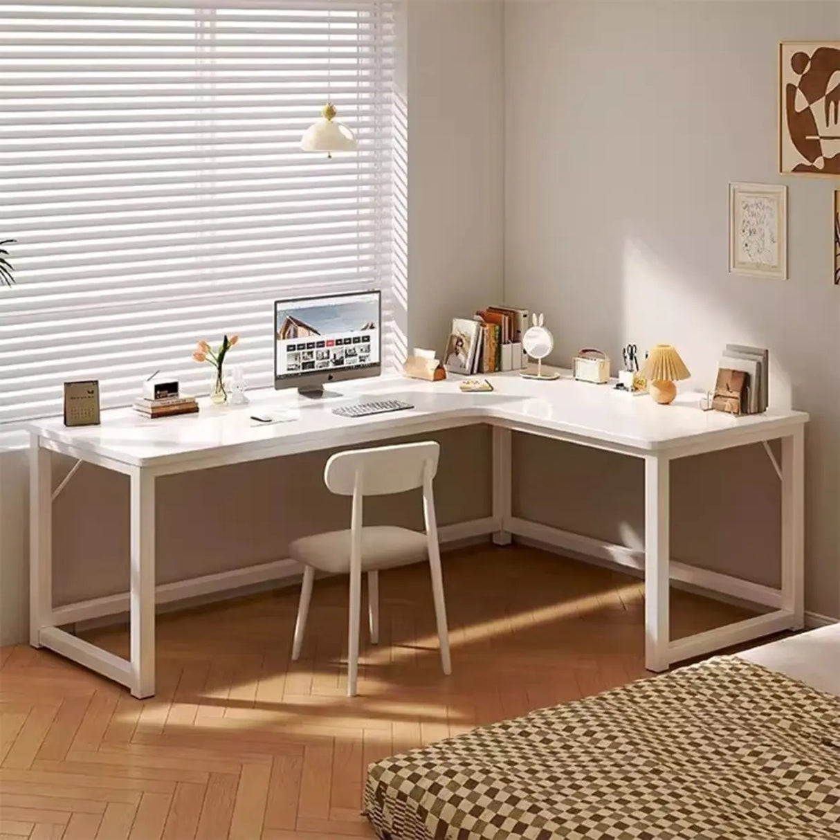 White Wood H-Base Exterior Shelf L-Shape Writing Desk Image - 6