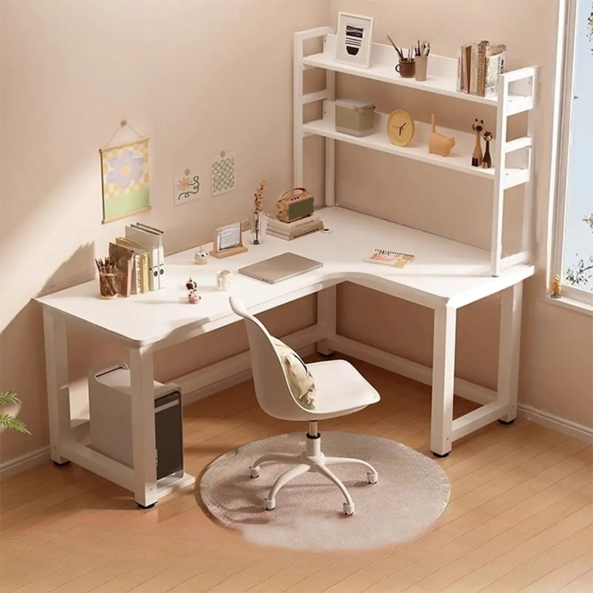 White Wood H-Base Exterior Shelf L-Shape Writing Desk Image - 7