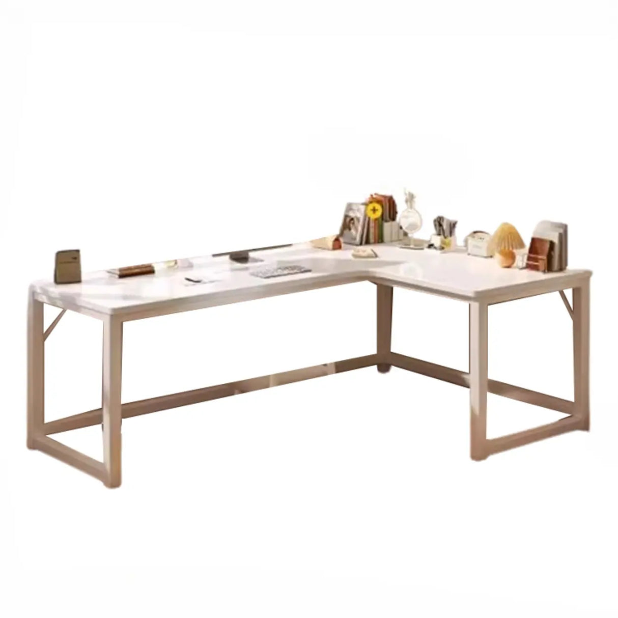 White Wood H-Base Exterior Shelf L-Shape Writing Desk Image - 9