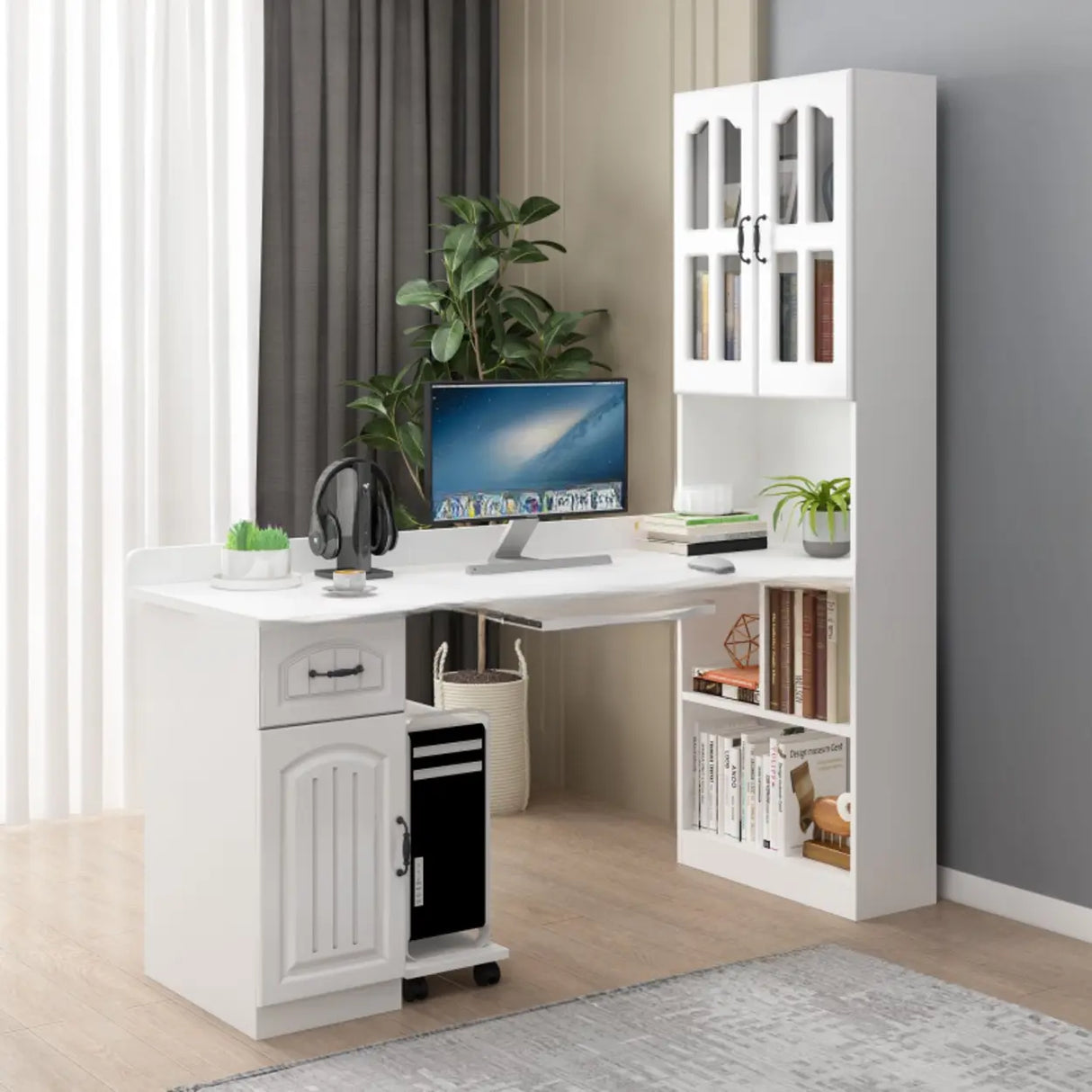 White Wood Kids Computer Desk with Cabinet and Shelves Image - 1