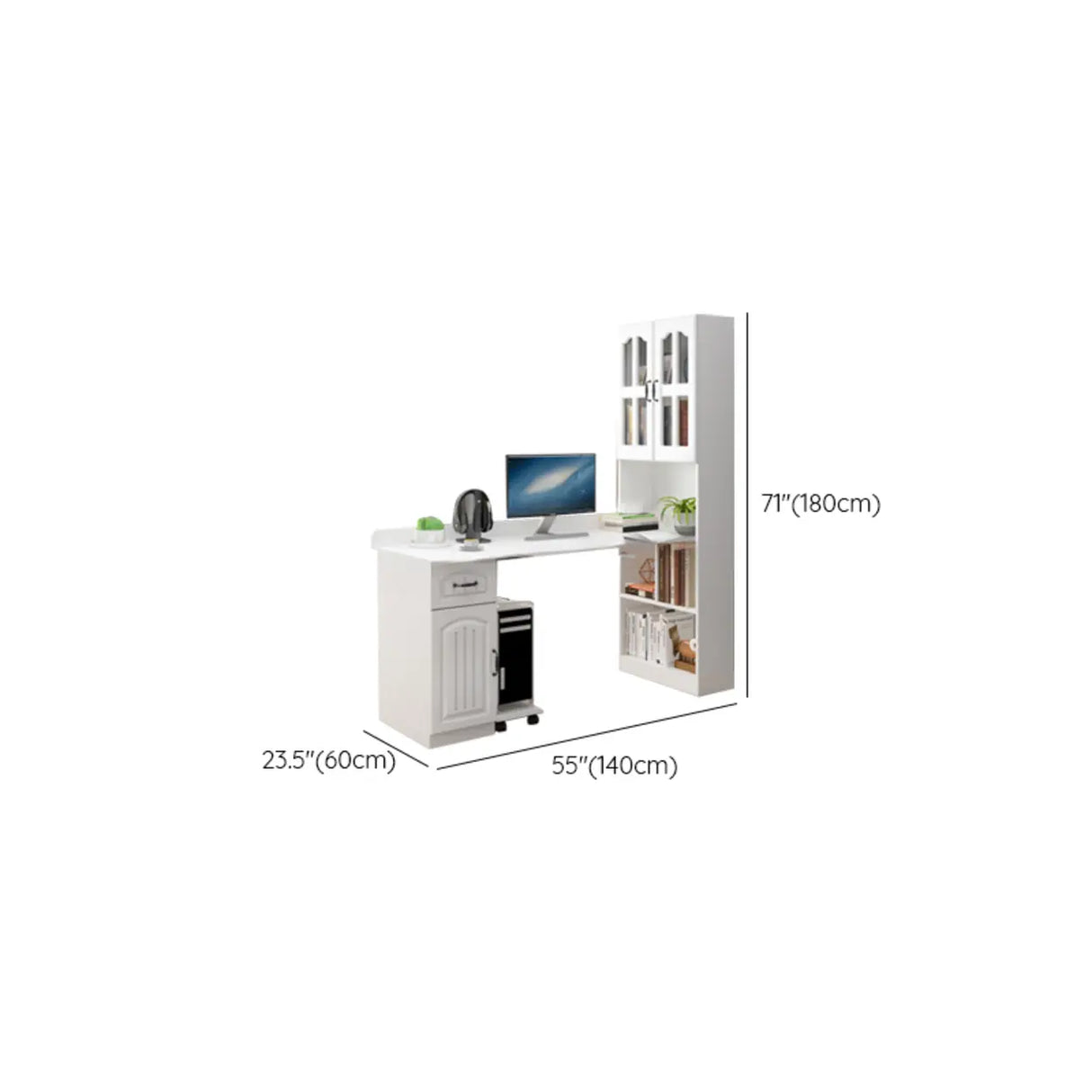 White Wood Kids Computer Desk with Cabinet and Shelves Image - 11