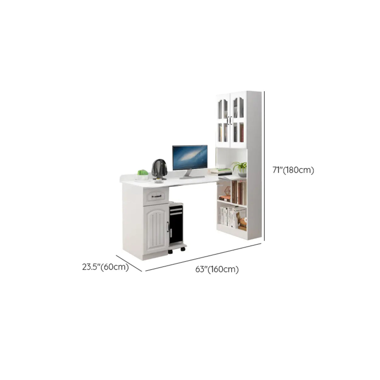 White Wood Kids Computer Desk with Cabinet and Shelves Image - 12