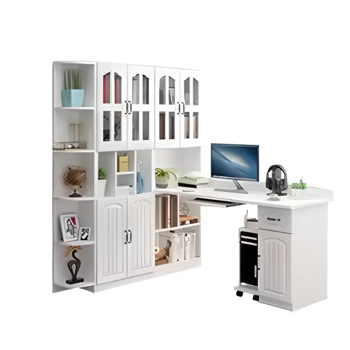 White Wood Kids Computer Desk with Cabinet and Shelves Image - 2