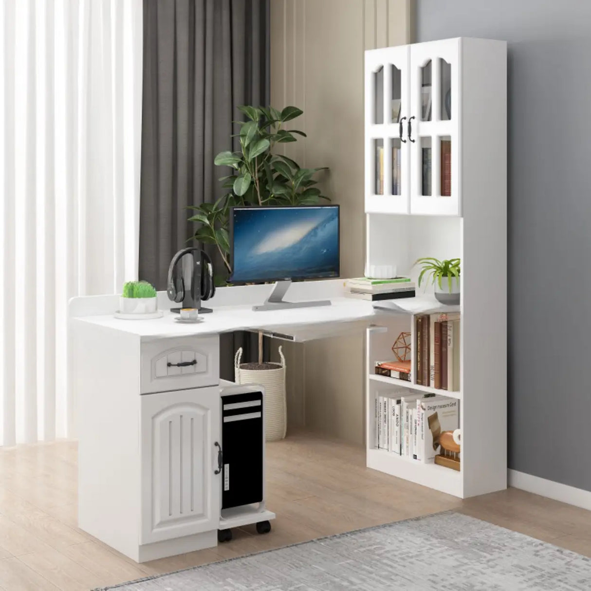 White Wood Kids Computer Desk with Cabinet and Shelves Image - 3