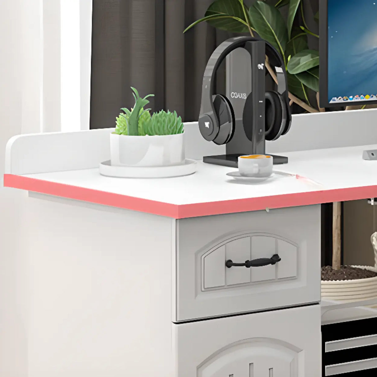 White Wood Kids Computer Desk with Cabinet and Shelves Image - 4
