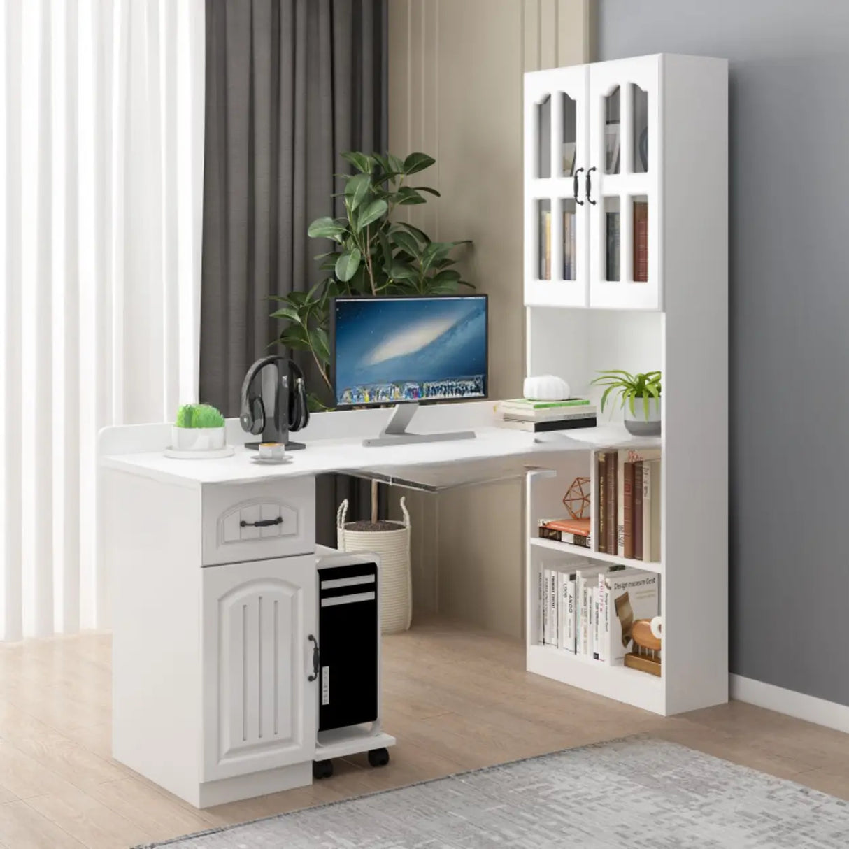 White Wood Kids Computer Desk with Cabinet and Shelves Image - 5