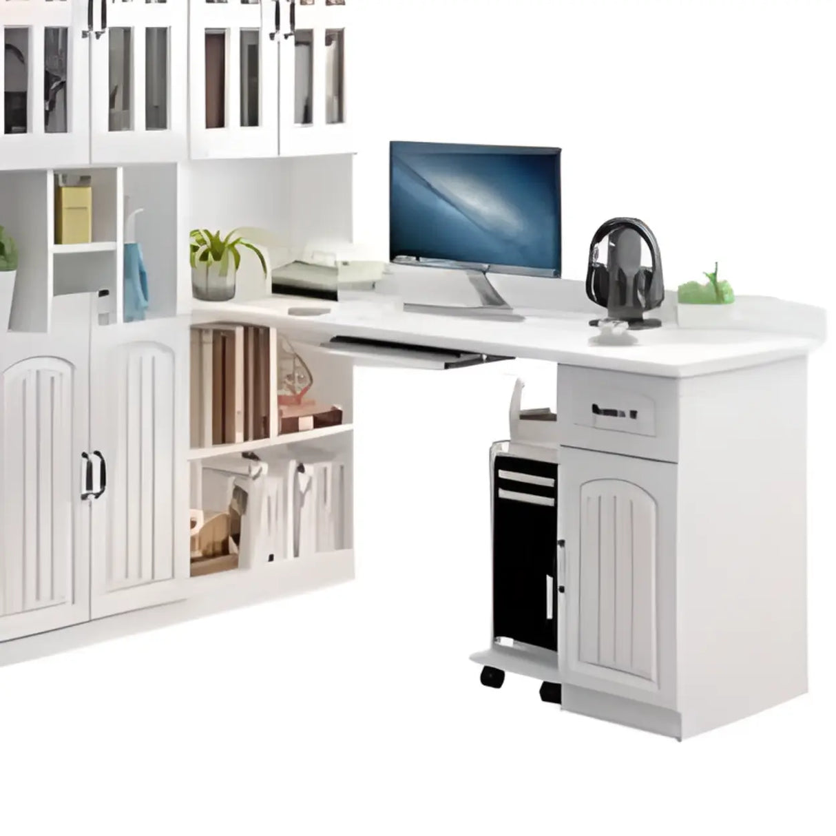 White Wood Kids Computer Desk with Cabinet and Shelves Image - 7