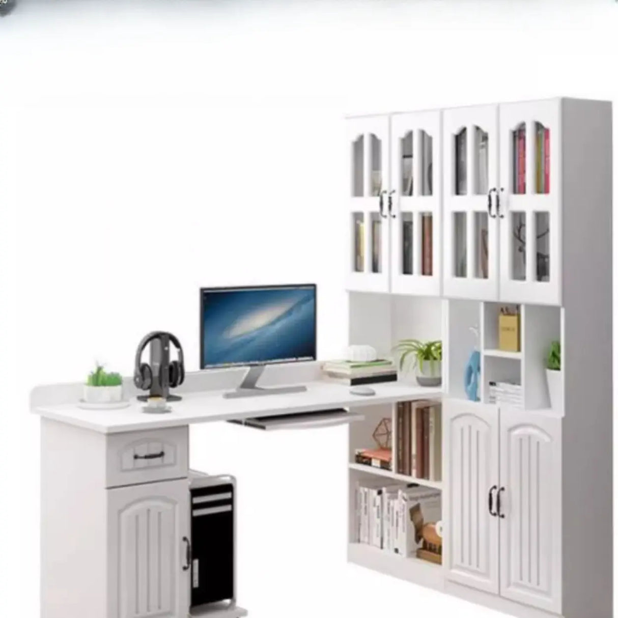 White Wood Kids Computer Desk with Cabinet and Shelves Image - 8