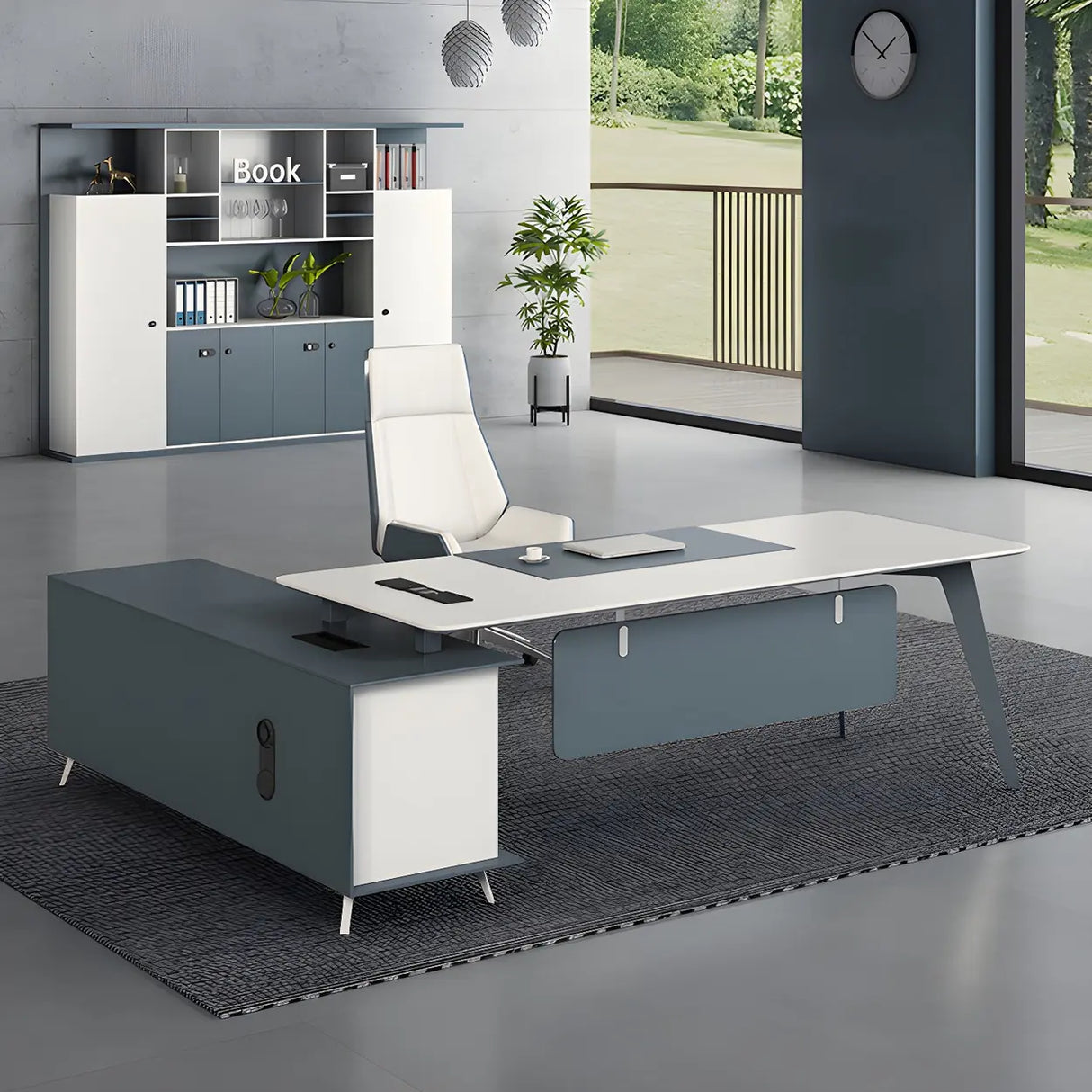 White Wood L-Shape Executive Desk with Cable Management Image - 10