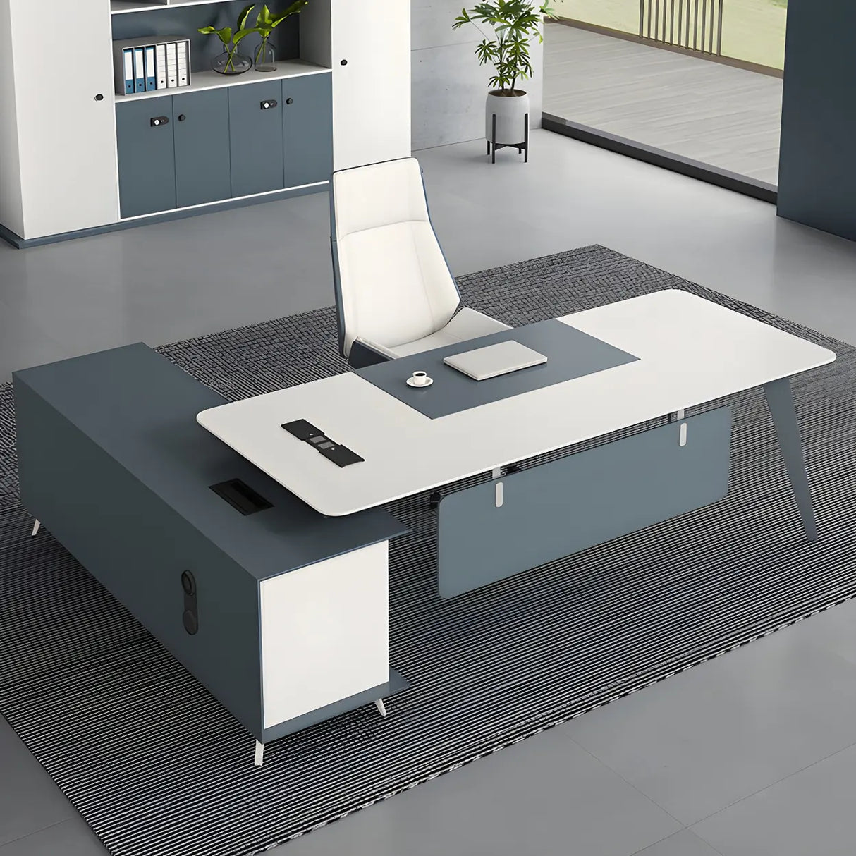 White Wood L-Shape Executive Desk with Cable Management Image - 11