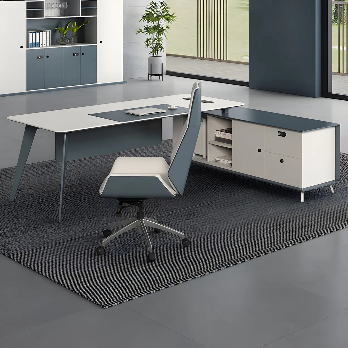 White Wood L-Shape Executive Desk with Cable Management Image - 2